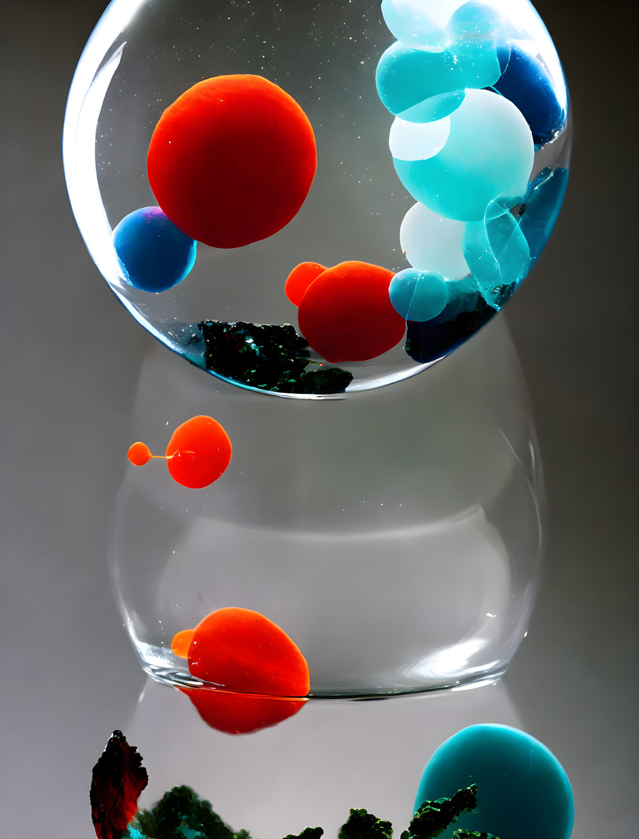 Glass container with vibrant balloons and colorful orbs in serene space-like setting