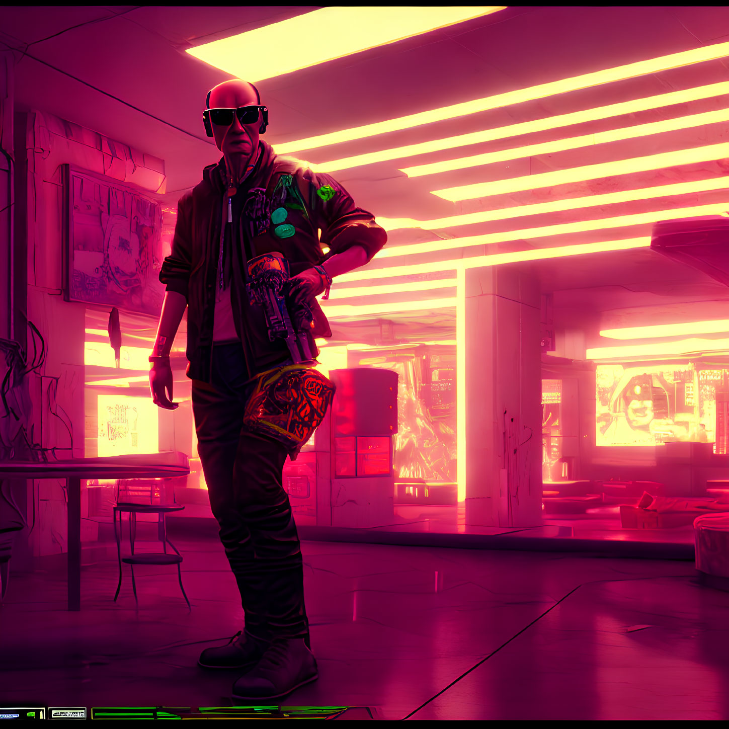 Stylized cyberpunk character with sunglasses and patch-adorned jacket in neon-lit room