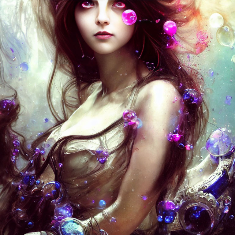 Vibrant illustration of woman with flowing hair and glowing bubbles