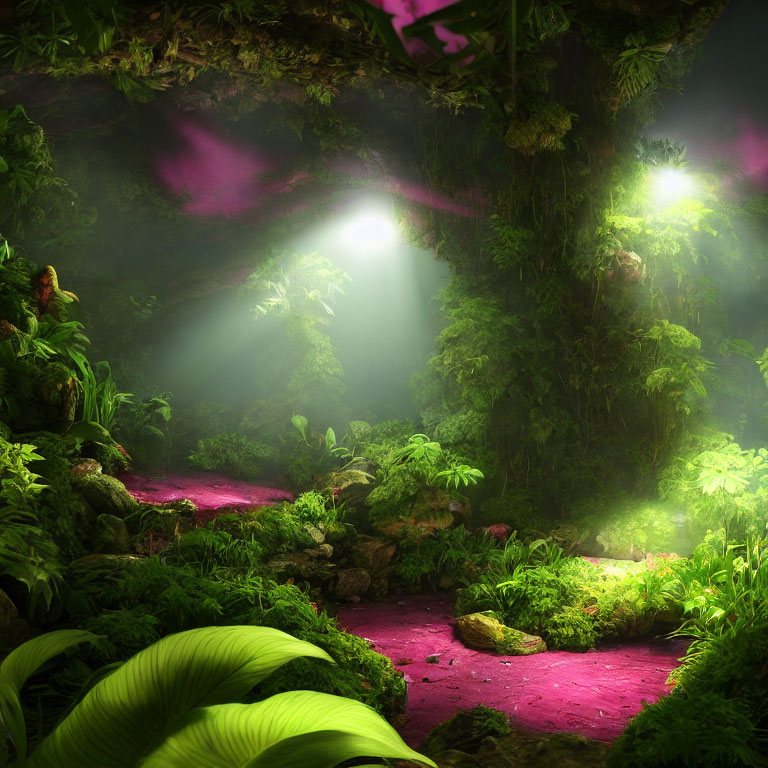 Mystical Green Forest with Light Beams and Pink Flora