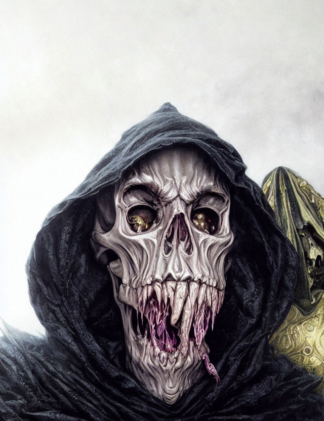 Hooded skeletal figure with yellow eyes and purple tongue in foggy setting