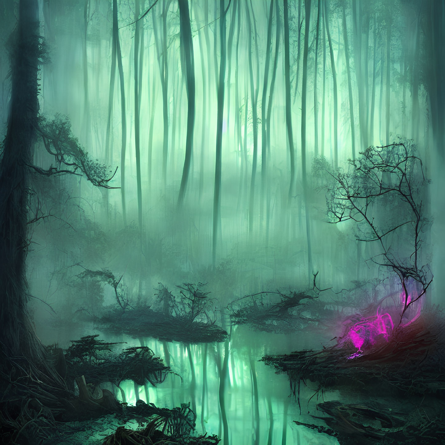 Mystical green-blue forest with fog, bare trees, and reflective water.