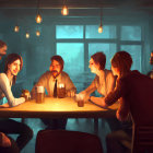 Friends chatting at cozy cafe table with warm lighting and coffee cups