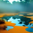 Golden sand, blue water, and green foliage in surreal landscape