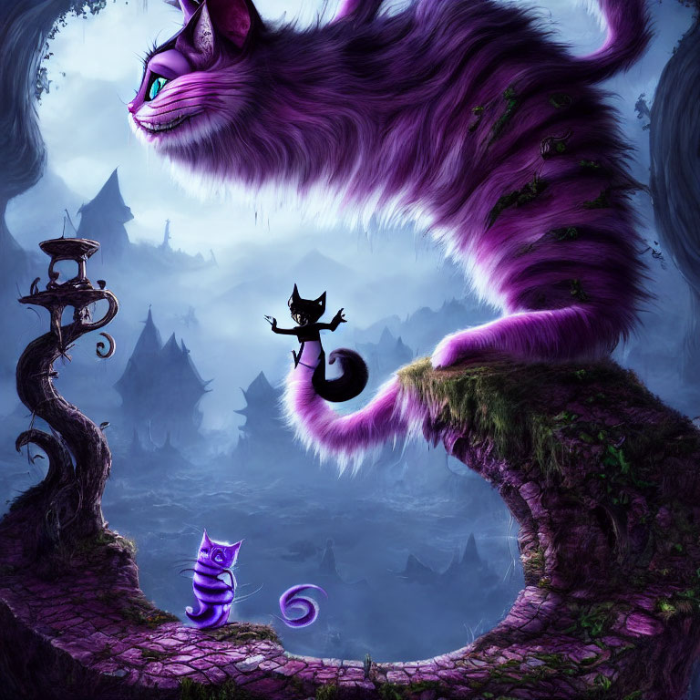 Whimsical purple Cheshire Cat in mystical landscape