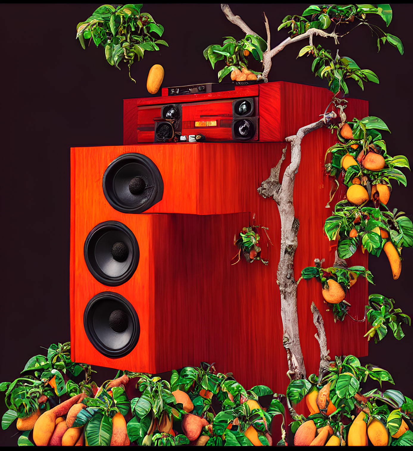 Surreal image of fruit tree and red boombox on dark background