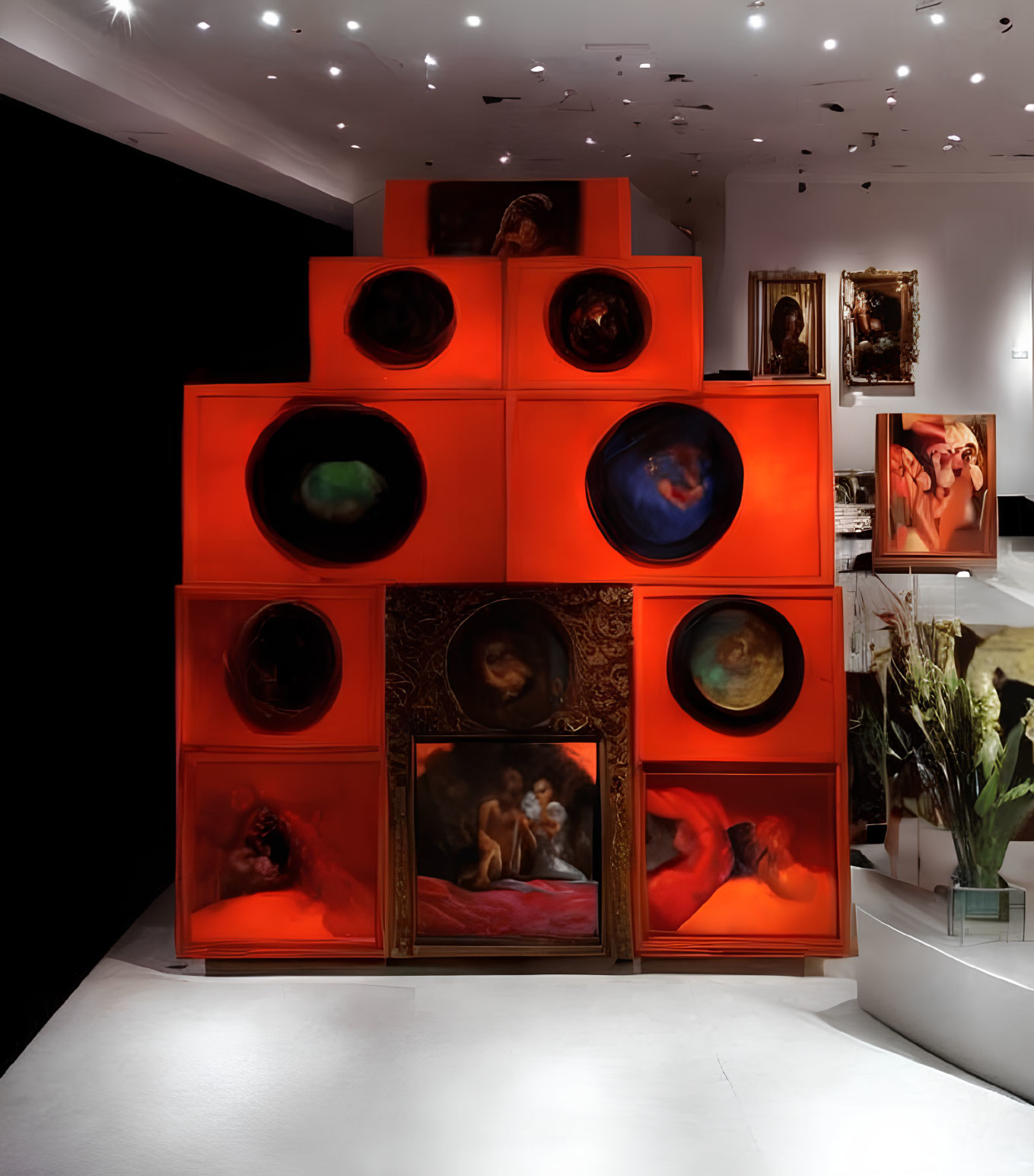 Vibrant Red Cubes Art Installation with Various Compartments