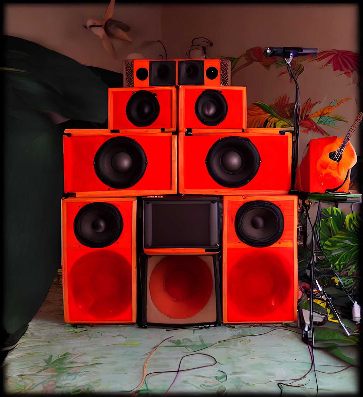 Colorful speakers in cozy room with guitar and plants.