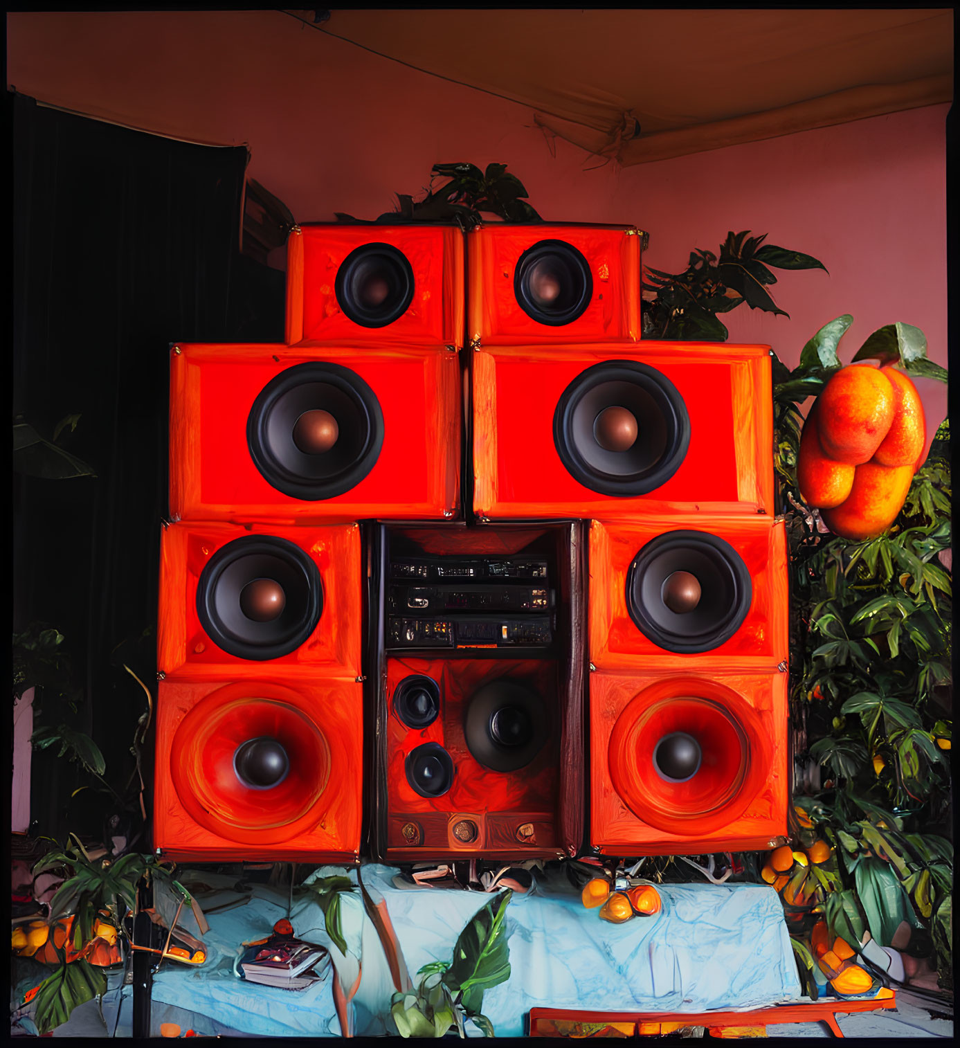 Vibrant red loudspeakers and audio gear on pink wall with fruit tree and painting