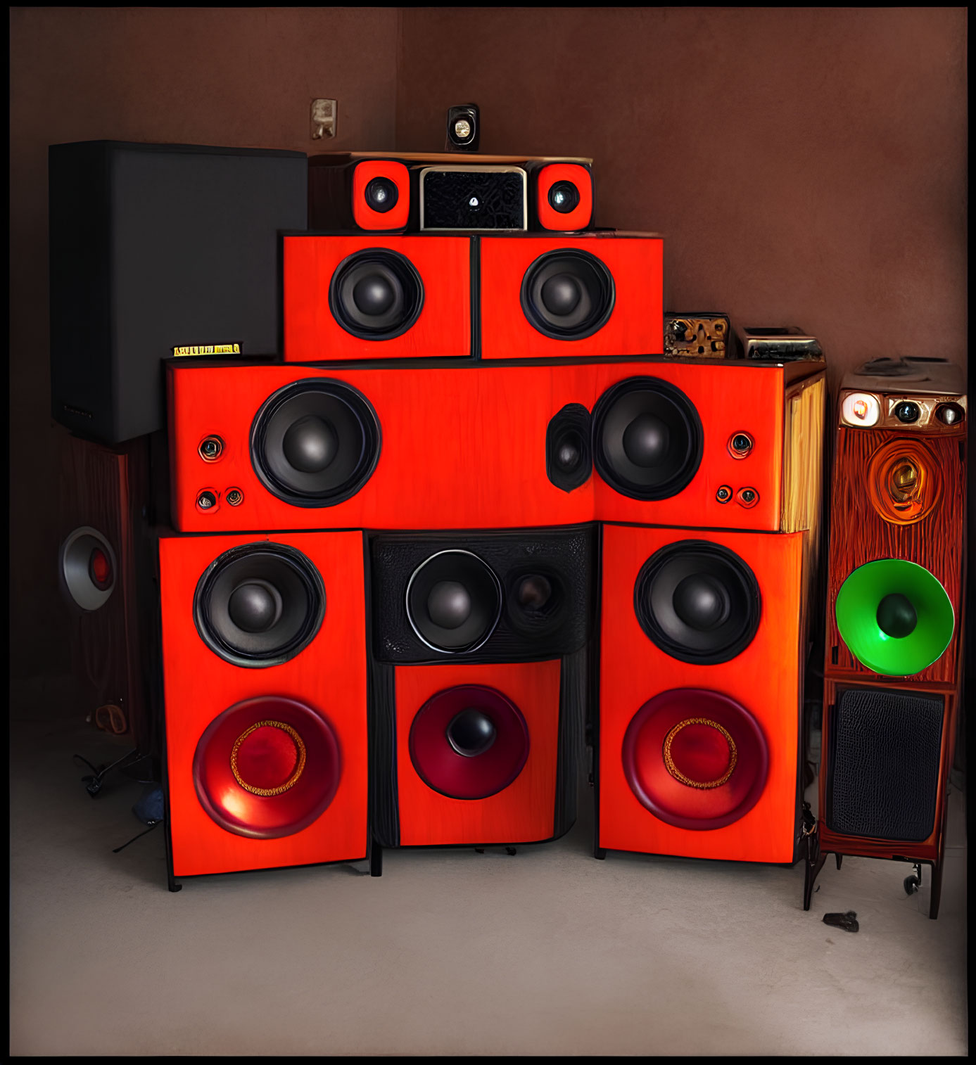 Assorted Speakers in Various Sizes and Colors, Highlighting Large Red Speakers