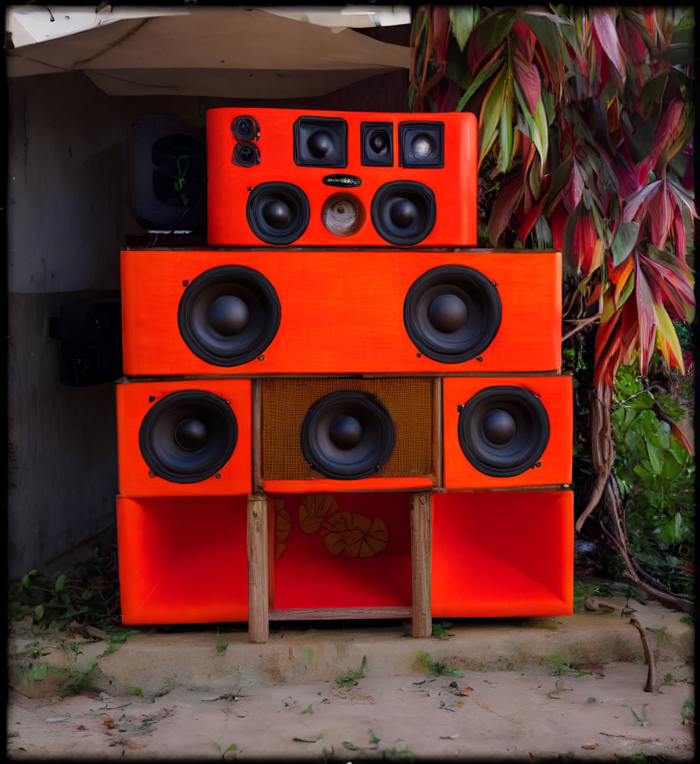 Colorful Speaker Cabinets with Woofers and Tweeters on Greenery Background