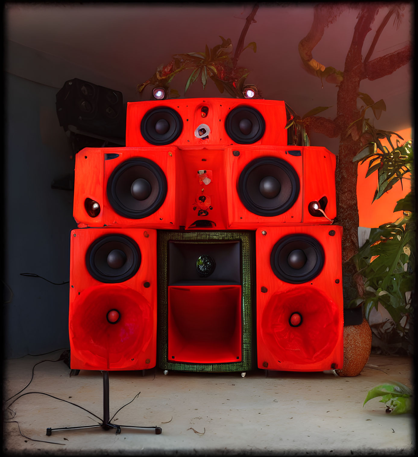 Red and Black Speakers with Green Accent on Dim Background