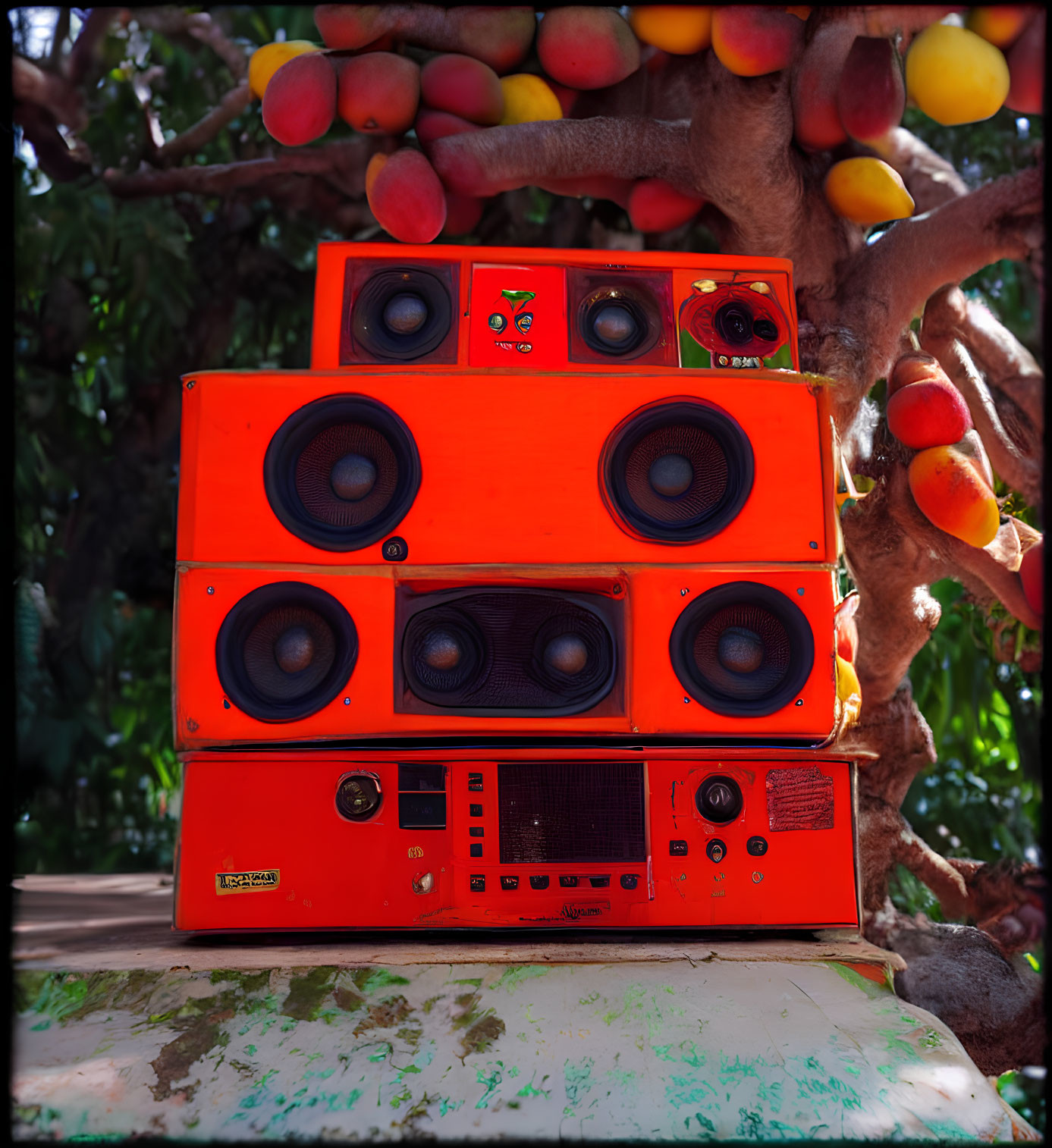 Colorful speakers with subwoofers and tweeters in front of a mango tree