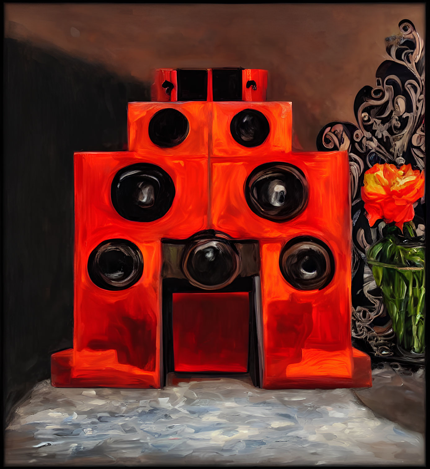 Red Speaker System with Subwoofers and Orange Flowers on Dark Background