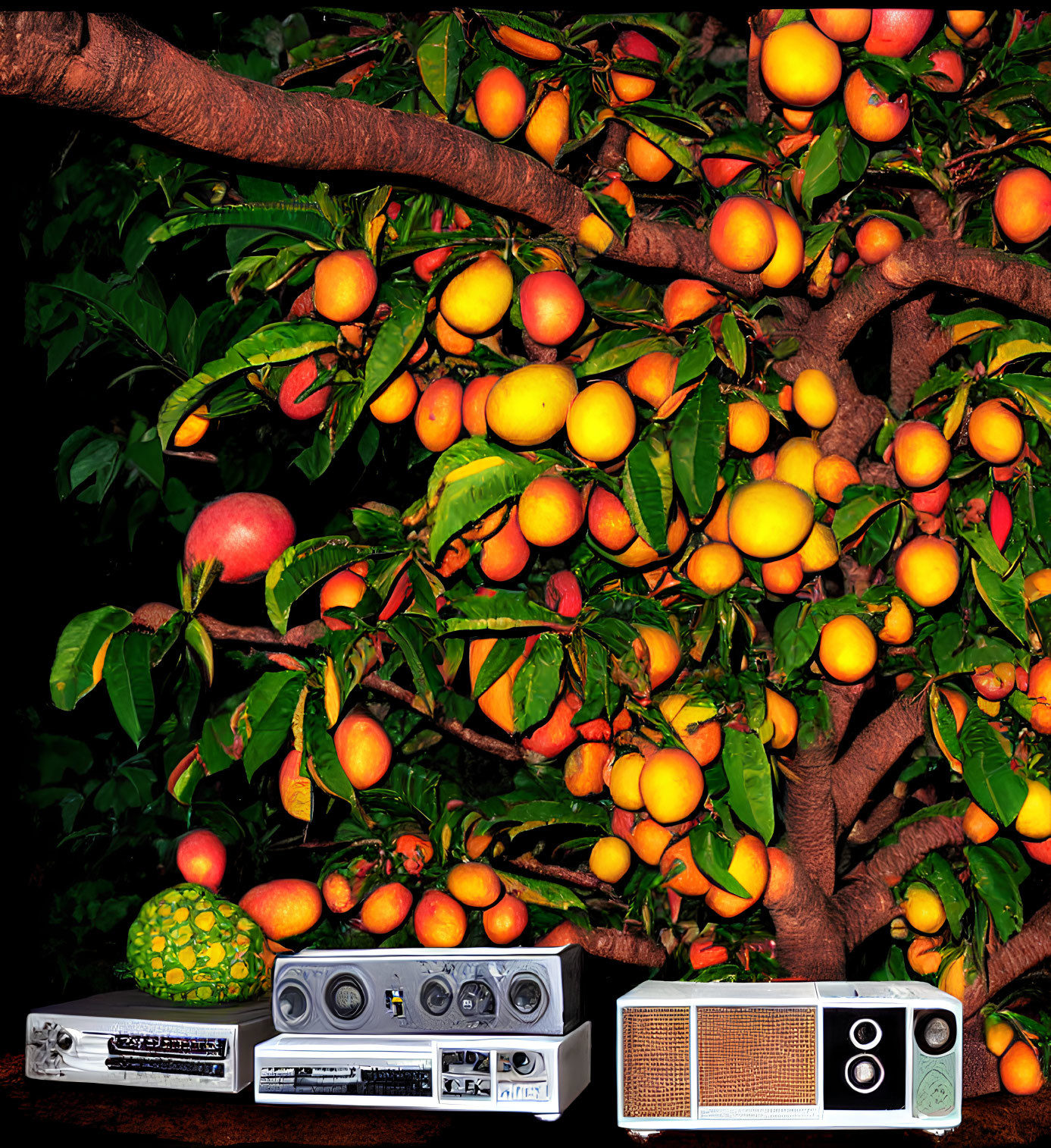 Nighttime scene with ripe apricots on vibrant tree & three varied boomboxes.