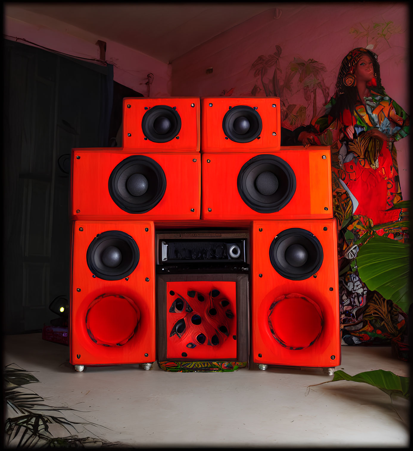 Red speaker system with multiple woofers in room with woman painting