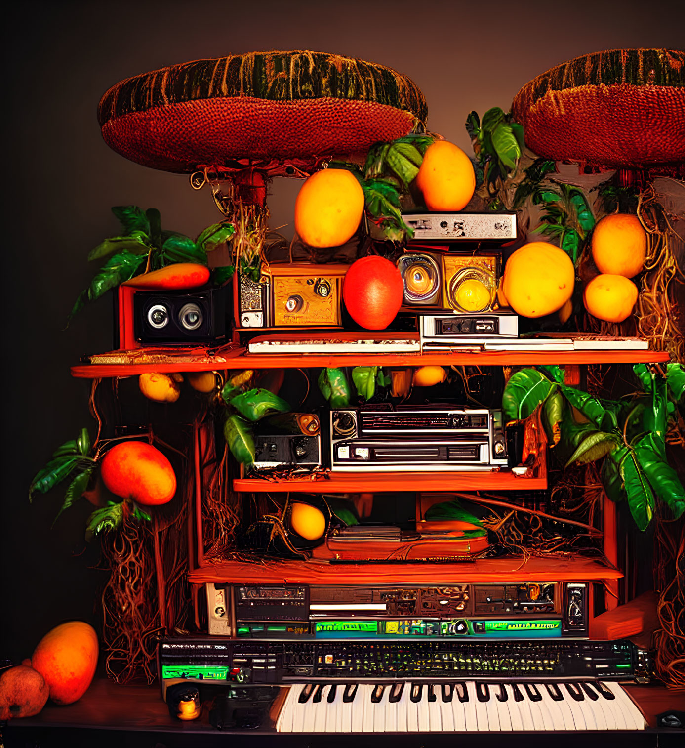 Colorful Still Life with Keyboard Piano, Vintage Audio Equipment, and Citrus Fruits on Shelves