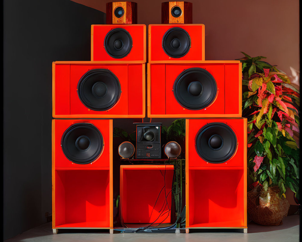 Red speakers on shelf with audio equipment against shadowed backdrop