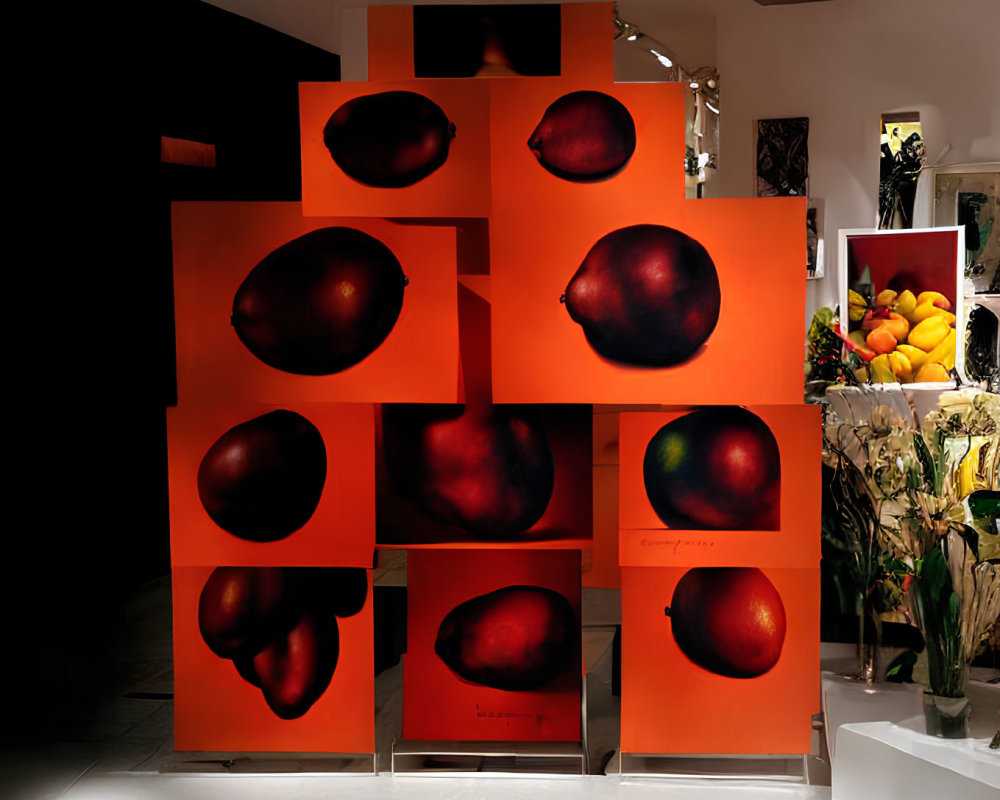 Vivid red apples on orange panels in dimly lit exhibit