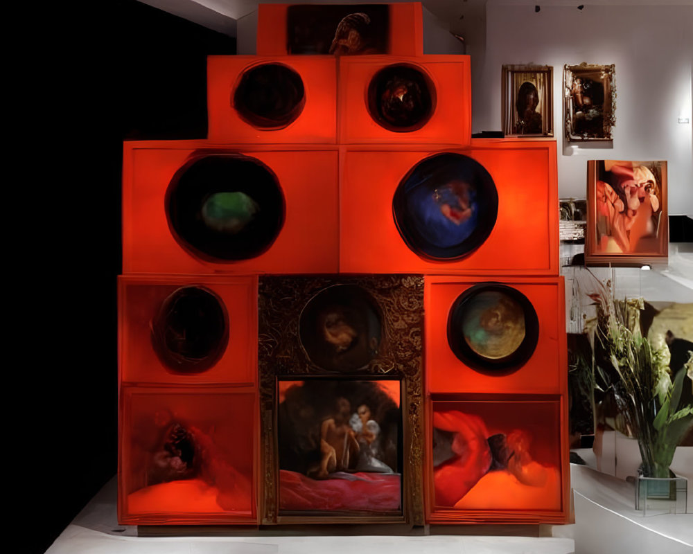 Vibrant Red Cubes Art Installation with Various Compartments