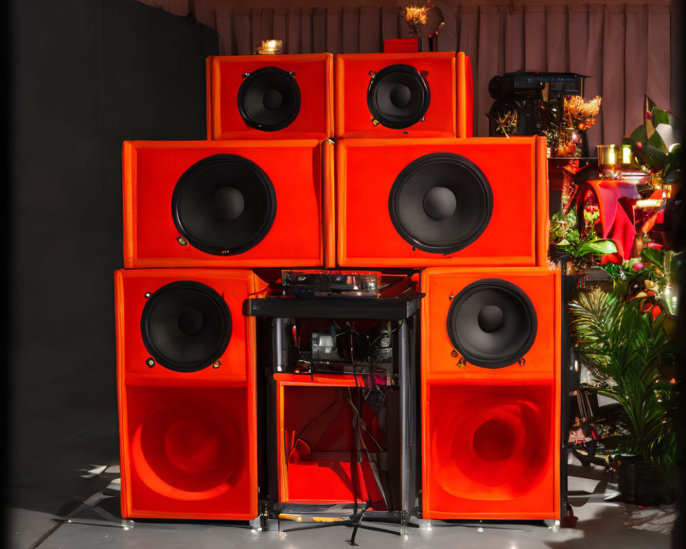 Red Speakers Surround DJ Turntable Setup in Ambient Room