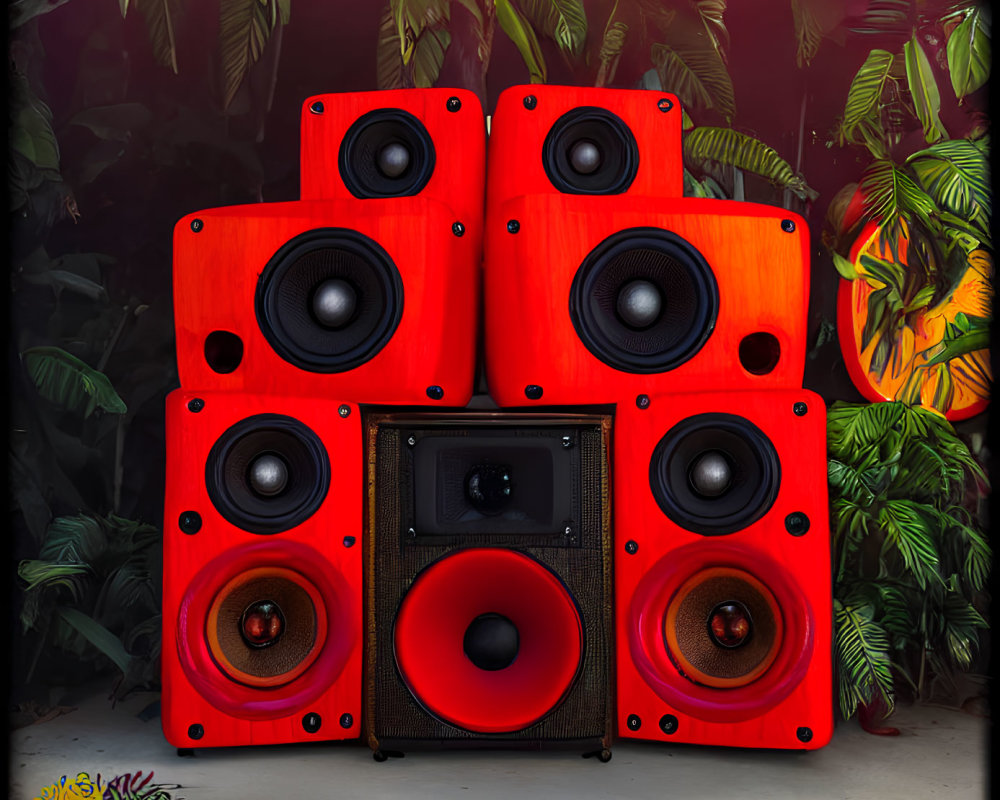 Red speaker system with subwoofer in lush green tropical setting