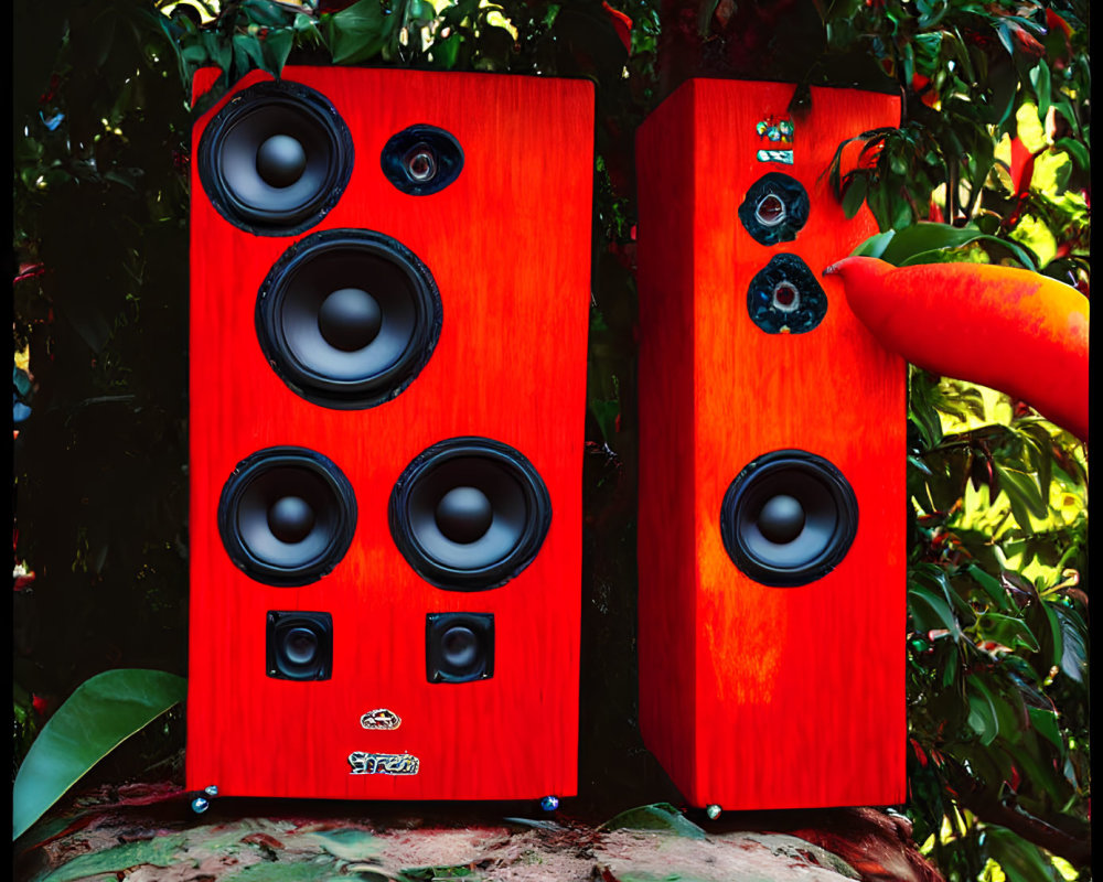 Red High-End Floor-Standing Speakers in Green Foliage