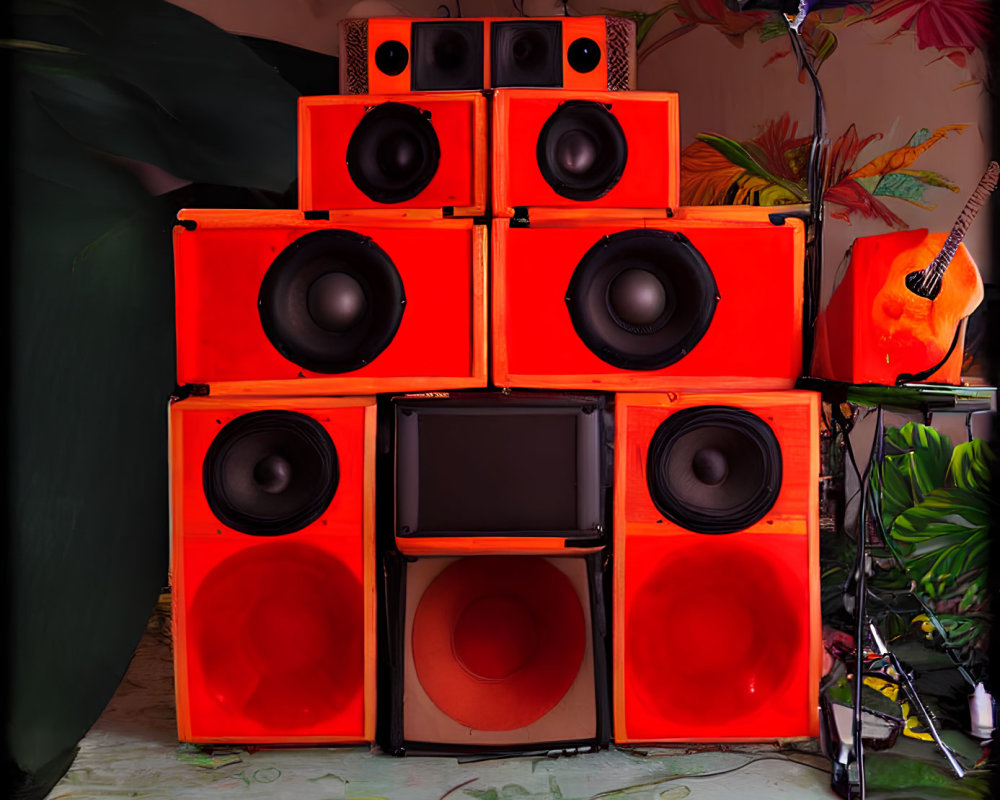 Colorful speakers in cozy room with guitar and plants.