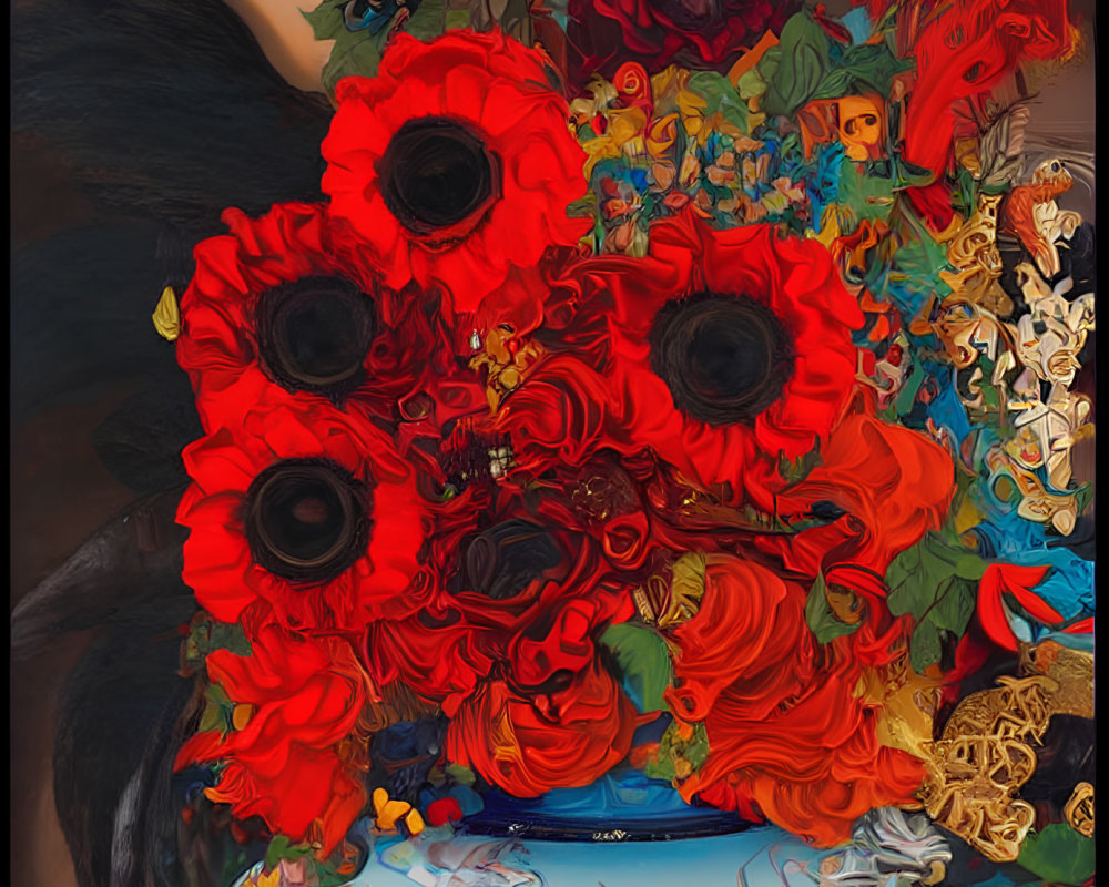 Red and Black Floral Bouquet with Artistic Patterns on Dark Background