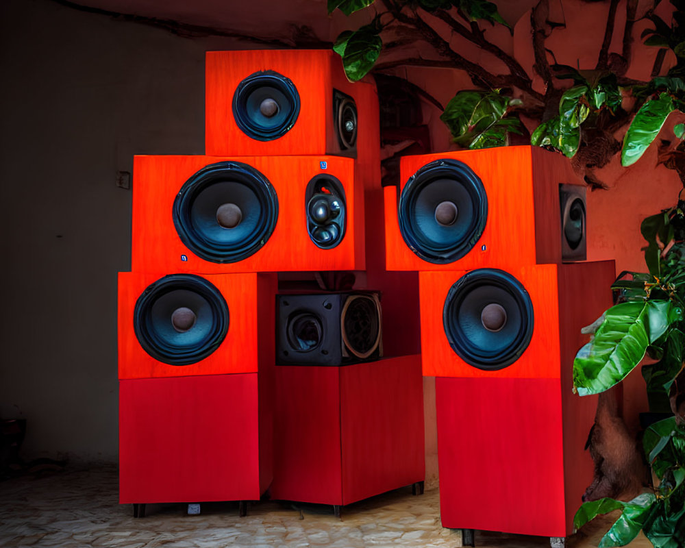 Vibrant Red Loudspeakers in Pyramid Pattern Against White Wall