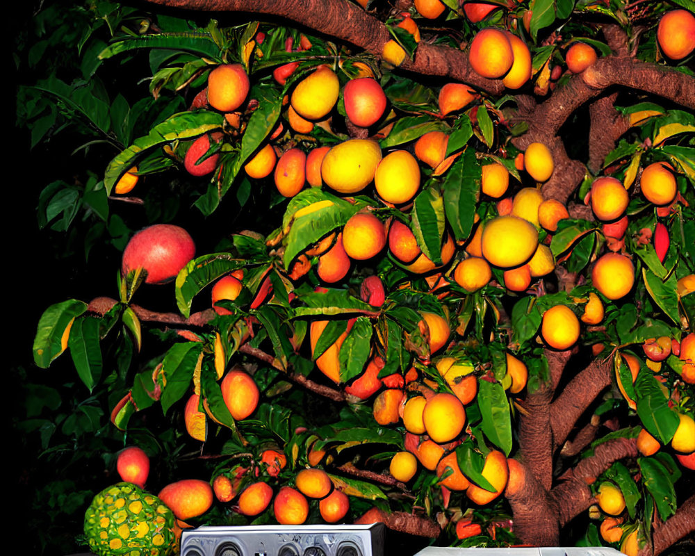 Nighttime scene with ripe apricots on vibrant tree & three varied boomboxes.