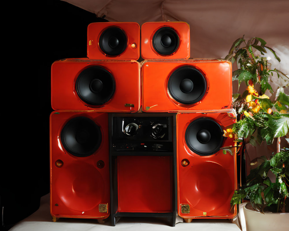 Vibrant orange speakers with black accents in cozy retro setting