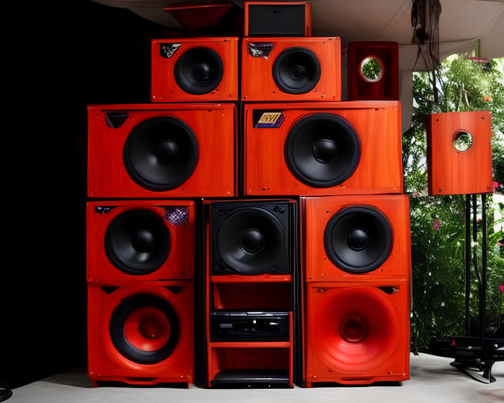 Outdoor setup of red and black speakers with woofers under canopy, surrounded by foliage