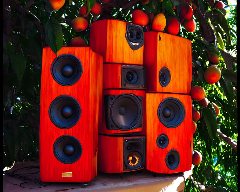 Three High-End Red Wooden Speakers Outdoors with Apple Tree Background