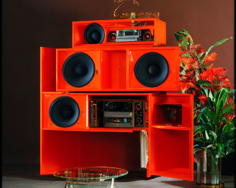 Vibrant orange shelving unit with vintage electronics, speakers, and red flowers on dark background.