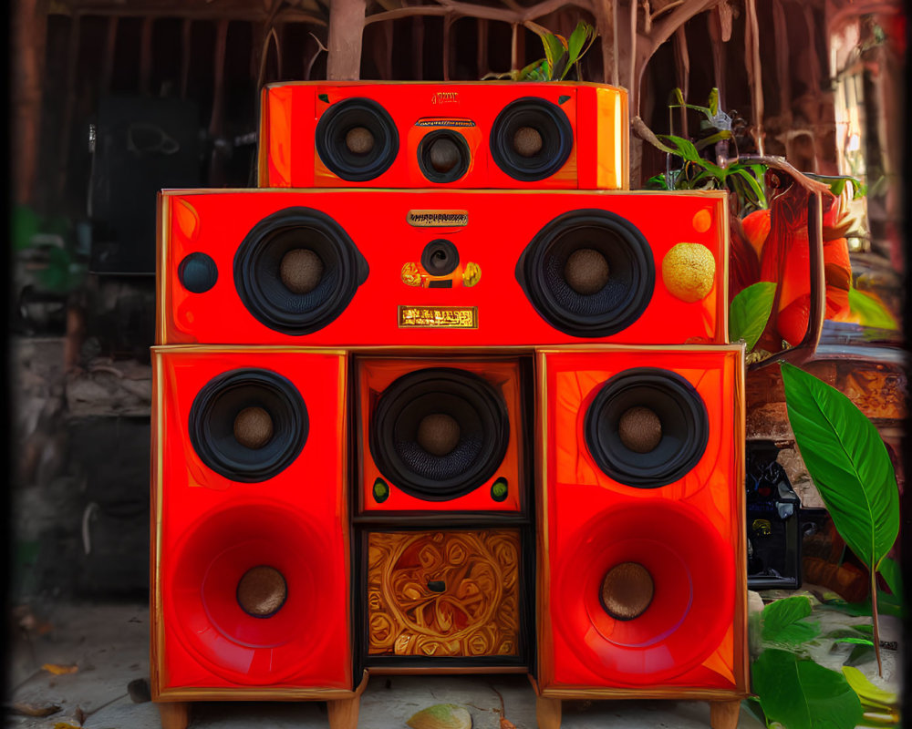 Red and Black Speaker Stack with Four Woofers and Two Tweeters Against Green Foliage