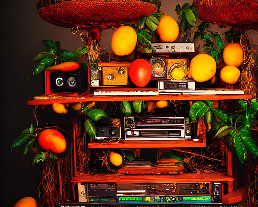 Colorful Still Life with Keyboard Piano, Vintage Audio Equipment, and Citrus Fruits on Shelves