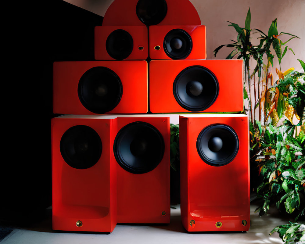 Vintage red loudspeakers with black cones next to potted plant on white wall