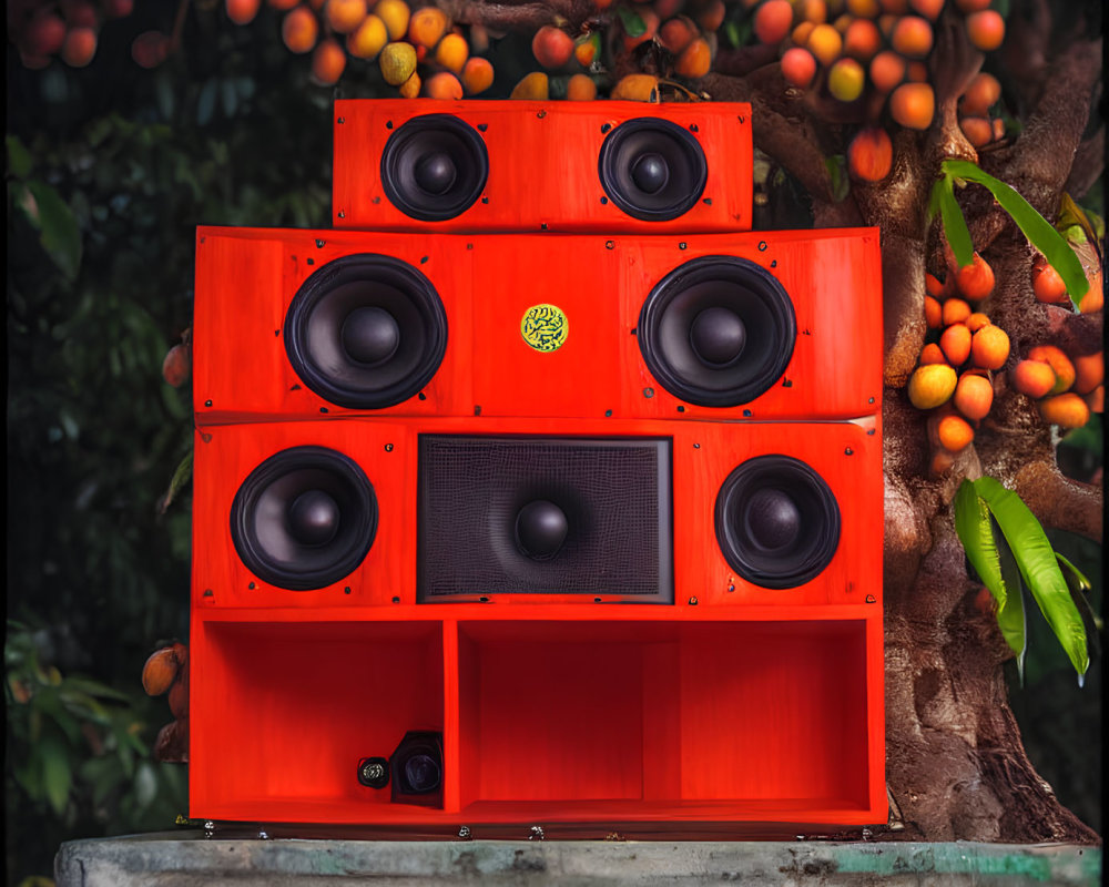 Vibrant red-orange speakers with multiple woofers near a lush tree with small orange fruits