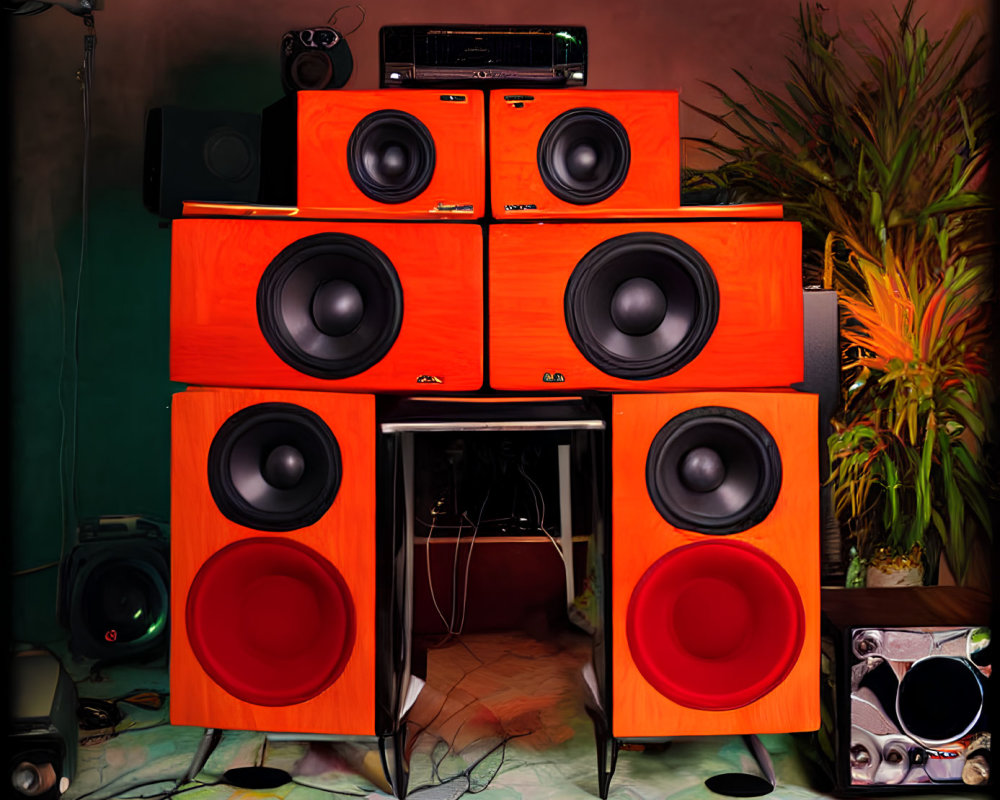 Colorful Red and Black Speaker Setup with Plants and Electronics on Patterned Floor