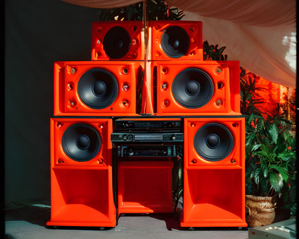 Colorful orange speakers with stereo system and plants on draped background