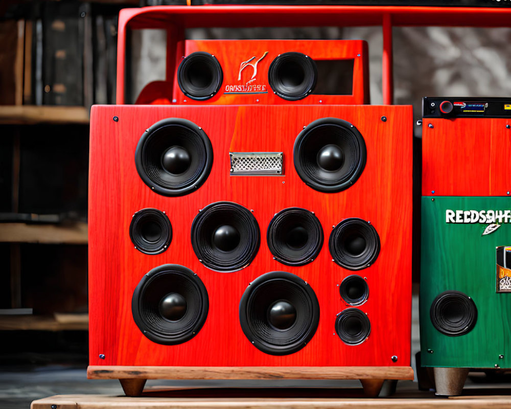 Red Wooden Guitar Amplifier Cabinet with Black Speakers on Blurred Background