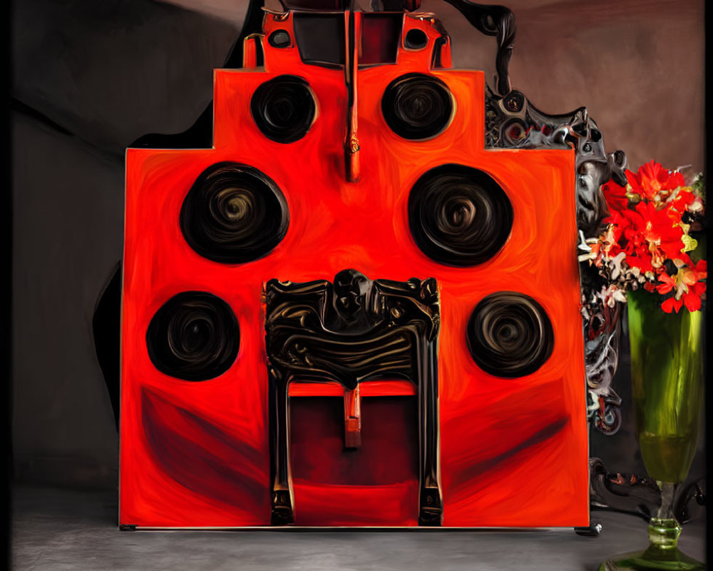 Abstract red sculpture with speaker-like elements, black ornate seat, and flower vase