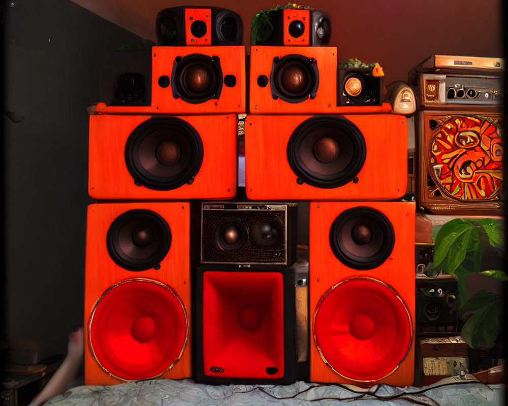 Colorful Speaker Setup Above Bed with Houseplants and Eclectic Decor