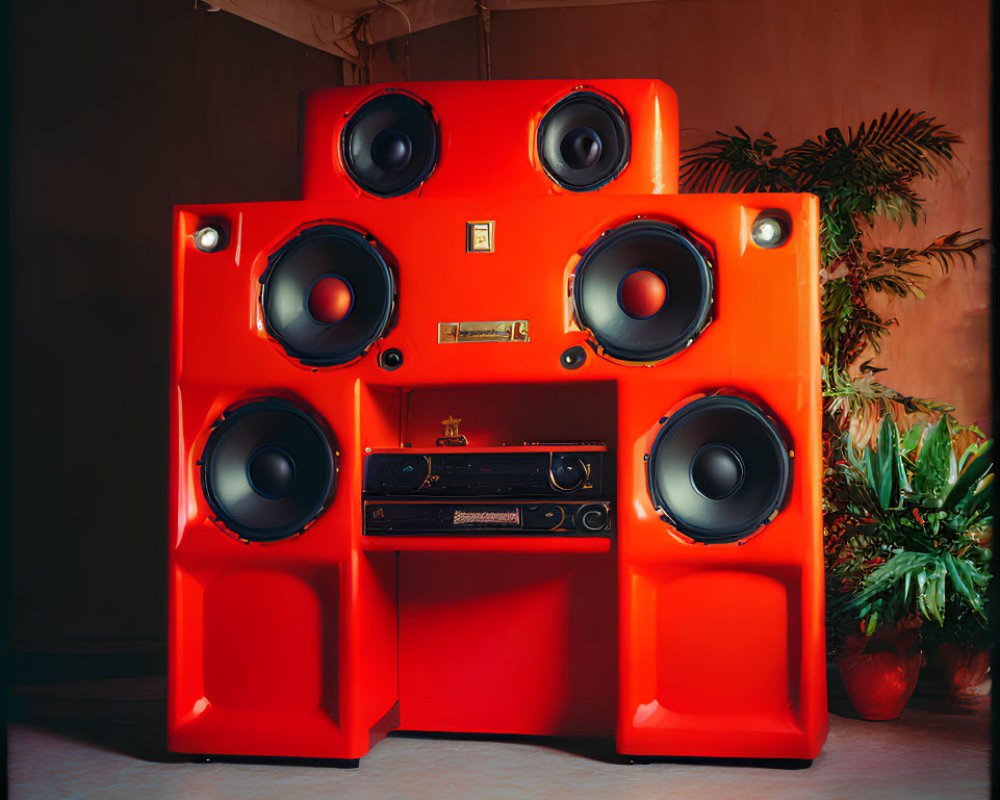 Vintage red speaker system with woofers, cassette deck, plant, and draped backdrop