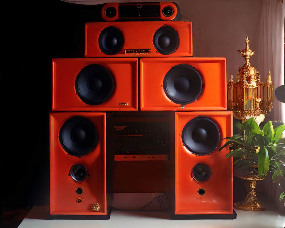 Luxurious High-End Audio System with Large Orange Speakers, Digital Receiver, Decorative Plant, and