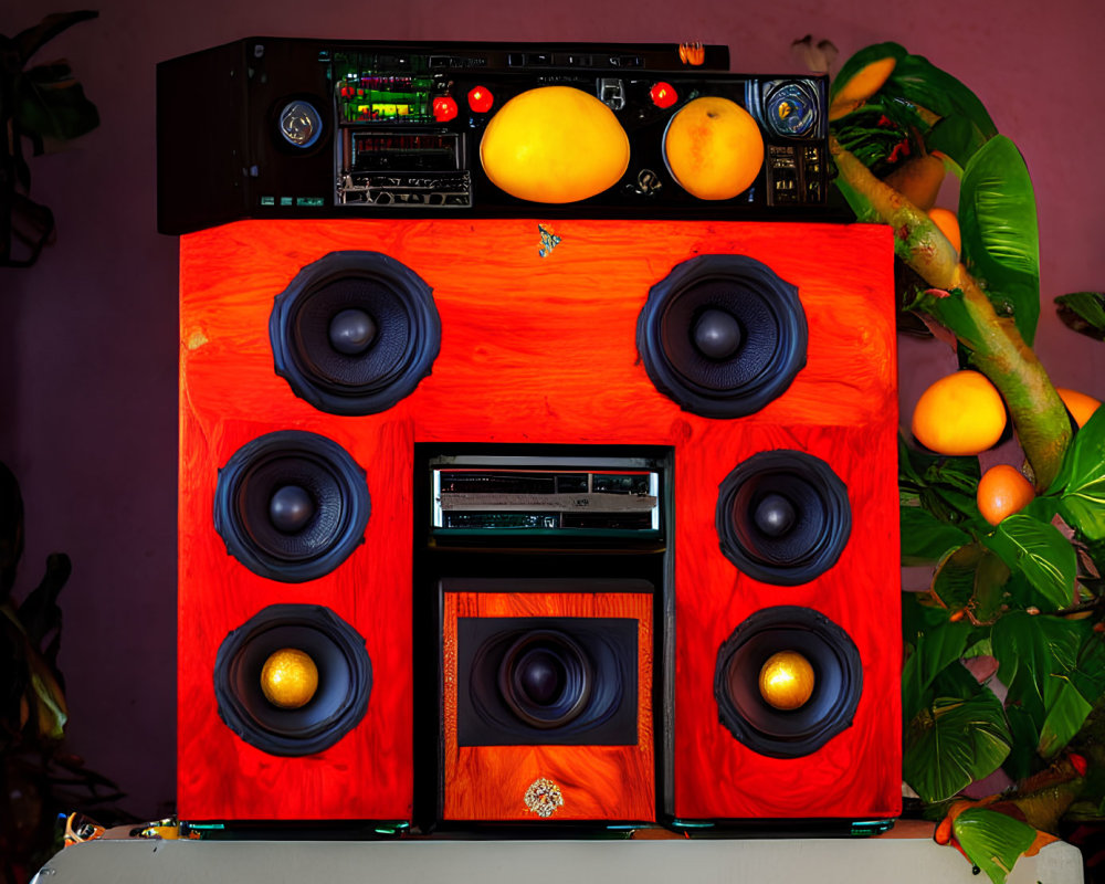 Custom Speaker Cabinet with Four Black Speakers, Audio Cassette Deck, Lemons, Green Leaves, and