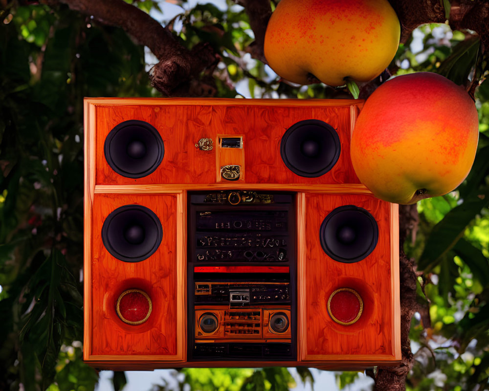 Vintage boombox with wood finish in nature setting among mangoes and green leaves