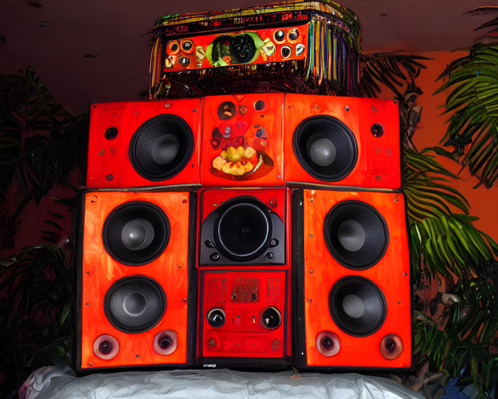 Colorful speaker stack with fruit bowl on pink wall background