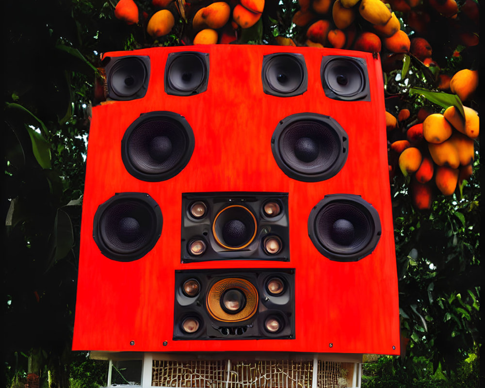 Large Red Outdoor Speaker with Subwoofers in Lush Garden with Mango Trees